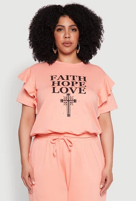 Womens Plus Size Tiered Ruffle Sleeve Faith Hope Love Top, Pink, Size 1X