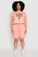 Womens Plus Size Tiered Ruffle Sleeve Faith Hope Love Top, Pink, Size 1X