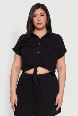 Womens Plus Gauze Knit Tie Front Top,