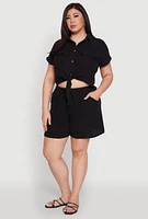 Womens Plus Gauze Knit Tie Front Top, Black,