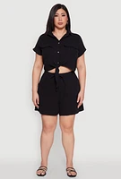 Womens Plus Gauze Knit Tie Front Top, Black,