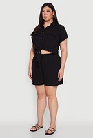 Womens Plus Gauze Knit Tie Front Top, Black,