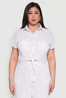 Womens Plus Size Gauze Knit Tie Front Top, White, Size 1X