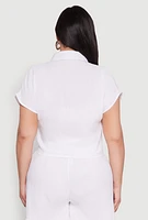 Womens Plus Size Gauze Knit Tie Front Top, White, Size 1X