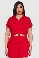 Womens Plus Gauze Knit Tie Front Top,