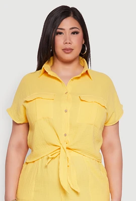 Womens Plus Size Gauze Knit Tie Front Top, Yellow, Size 1X
