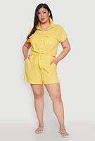 Womens Plus Size Gauze Knit Tie Front Top, Yellow, Size 1X