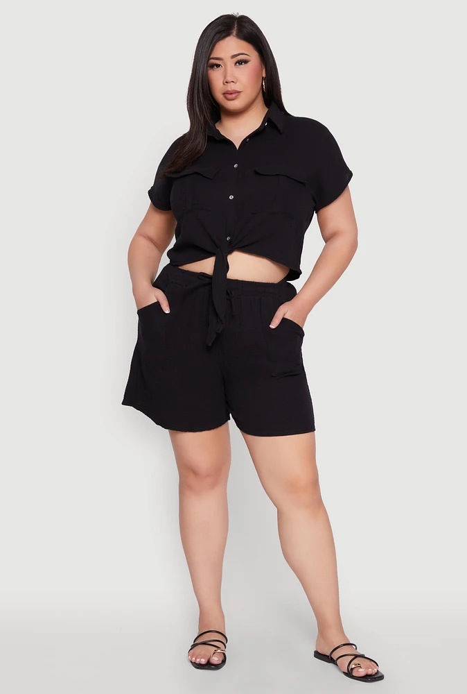 Womens Plus Size Gauze Knit Drawstring Shorts, Black, Size 3X