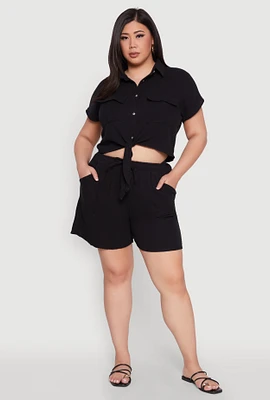Womens Plus Size Gauze Knit Drawstring Shorts, Black, Size 3X