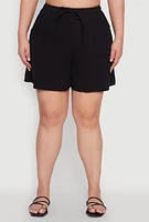 Womens Plus Size Gauze Knit Drawstring Shorts, Black, Size 3X