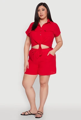 Womens Plus Size Gauze Knit Drawstring Shorts, Red, Size 2X