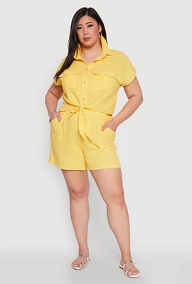 Womens Plus Size Gauze Knit Drawstring Shorts, Yellow, Size 2X