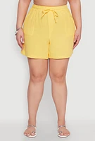 Womens Plus Size Gauze Knit Drawstring Shorts, Yellow, Size 2X