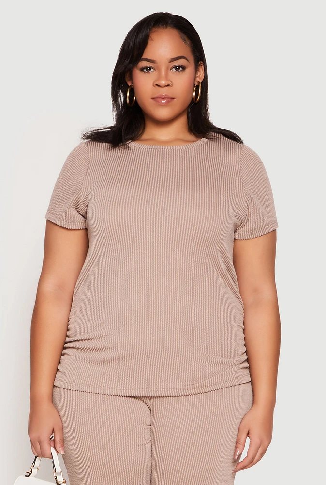 Womens Plus Ribbed Knit Short Sleeve Top,