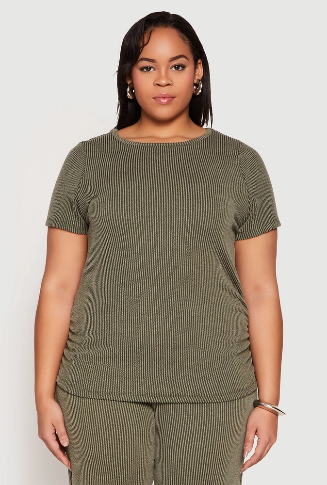 Womens Plus Size Ribbed Knit Short Sleeve Top, Green, Size 3X