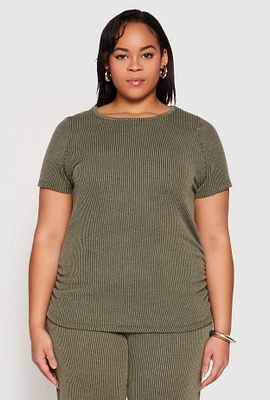 Womens Plus Size Ribbed Knit Short Sleeve Top, Green, Size 1X