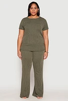Womens Plus Size Ribbed Knit Short Sleeve Top, Green, Size 1X