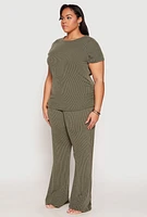 Womens Plus Size Ribbed Knit Short Sleeve Top, Green, Size 1X