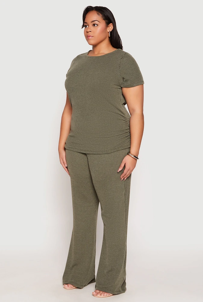 Womens Plus Size Ribbed Knit Short Sleeve Top, Green, Size 1X