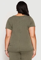 Womens Plus Size Ribbed Knit Short Sleeve Top, Green, Size 1X