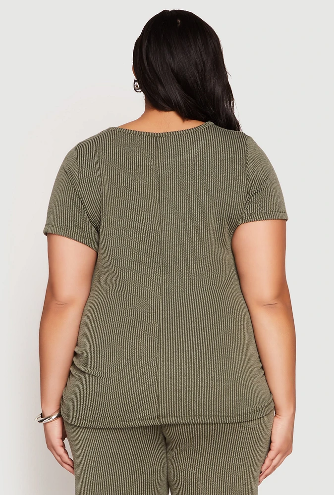 Womens Plus Size Ribbed Knit Short Sleeve Top, Green, Size 1X