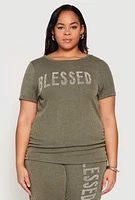 Womens Plus Size Ribbed Knit Rhinestone Blessed Top, Green, Size 1X