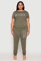 Womens Plus Size Ribbed Knit Rhinestone Blessed Top, Green, Size 1X