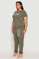 Womens Plus Size Ribbed Knit Rhinestone Blessed Top, Green, Size 1X
