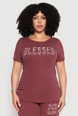 Womens Plus Size Ribbed Knit Rhinestone Blessed Top, Red, Size 1X