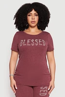 Womens Plus Size Ribbed Knit Rhinestone Blessed Top, Red, Size 1X