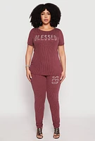 Womens Plus Size Ribbed Knit Rhinestone Blessed Top, Red, Size 1X