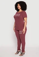 Womens Plus Size Ribbed Knit Rhinestone Blessed Top, Red, Size 1X