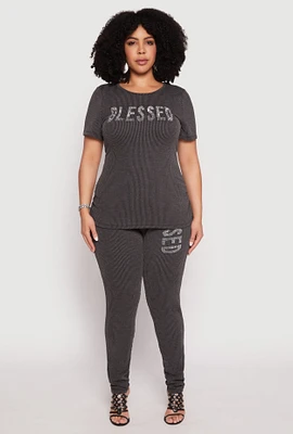 Womens Plus Size Ribbed Knit Rhinestone Blessed Pants, Grey, Size 1X