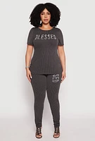 Womens Plus Size Ribbed Knit Rhinestone Blessed Pants, Grey, Size 1X