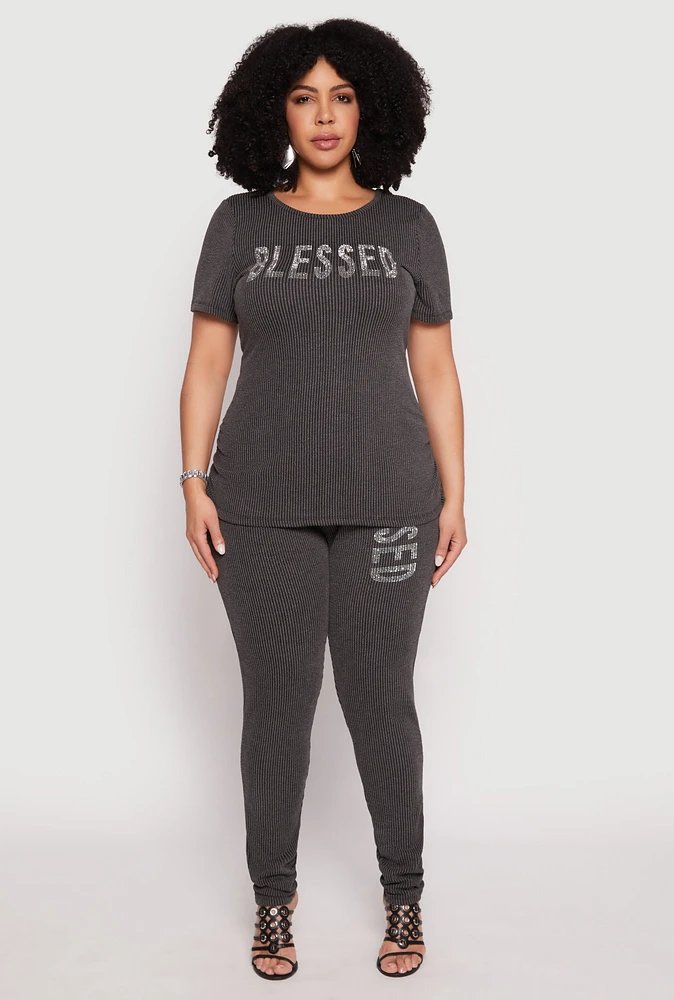 Womens Plus Size Ribbed Knit Rhinestone Blessed Pants, Grey, Size 2X