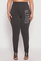 Womens Plus Size Ribbed Knit Rhinestone Blessed Pants, Grey, Size 1X