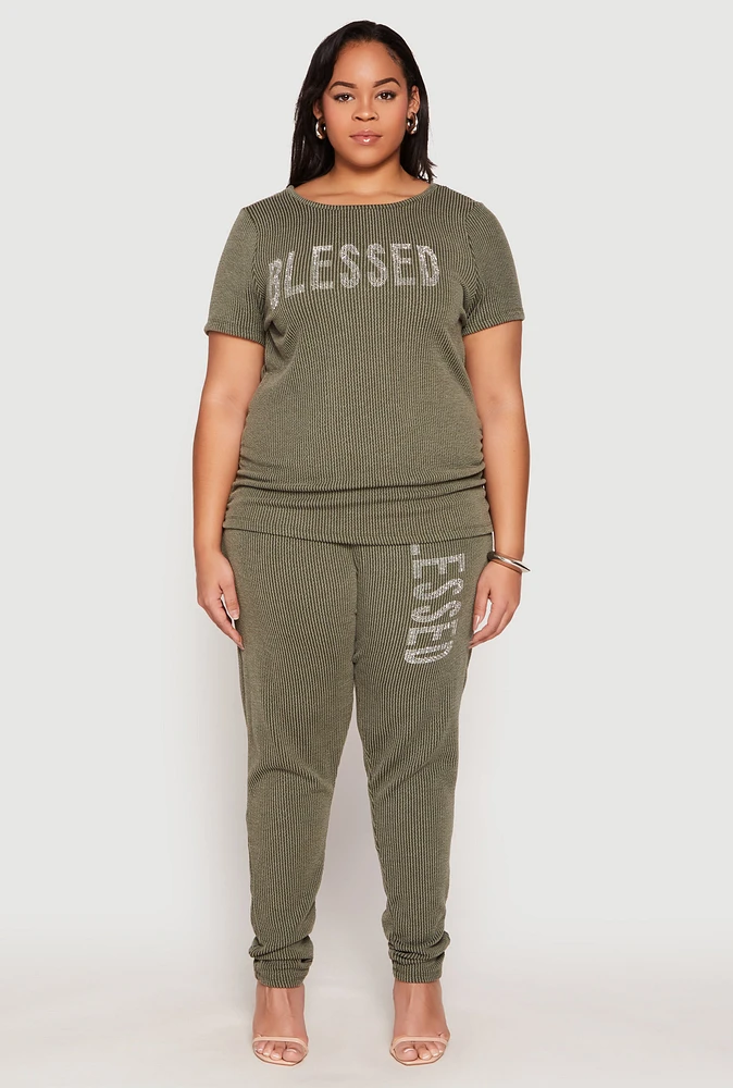Womens Plus Size Ribbed Knit Rhinestone Blessed Pants, Green, Size 3X
