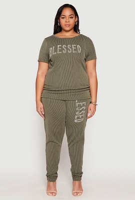 Womens Plus Size Ribbed Knit Rhinestone Blessed Pants, Green, Size 3X