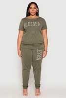 Womens Plus Size Ribbed Knit Rhinestone Blessed Pants, Green, Size 3X