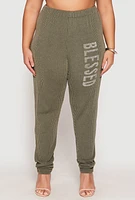 Womens Plus Size Ribbed Knit Rhinestone Blessed Pants, Green, Size 3X