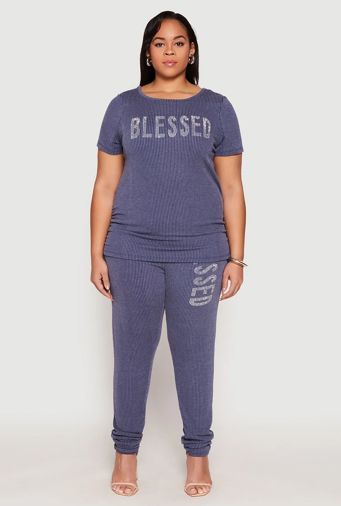 Womens Plus Size Ribbed Knit Rhinestone Blessed Pants, Blue, Size 3X