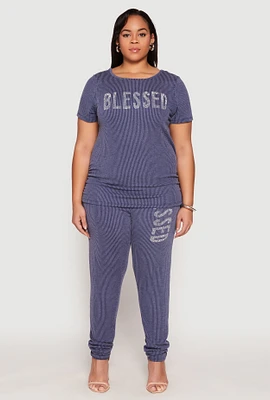 Womens Plus Size Ribbed Knit Rhinestone Blessed Pants, Blue, Size 3X