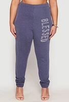Womens Plus Size Ribbed Knit Rhinestone Blessed Pants, Blue, Size 3X