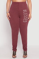 Womens Plus Ribbed Knit Rhinestone Blessed Pants, 3X