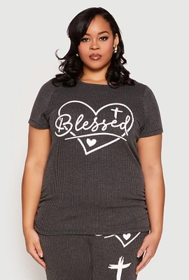 Womens Plus Size Blessed Rib Knit Graphic Tee, Grey, Size 1X