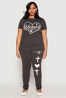 Womens Plus Size Blessed Rib Knit Graphic Tee, Grey, Size 2X