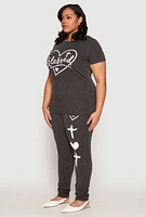Womens Plus Size Blessed Rib Knit Graphic Tee, Grey, Size 2X
