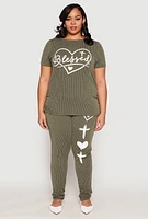 Womens Plus Blessed Rib Knit Graphic Tee,