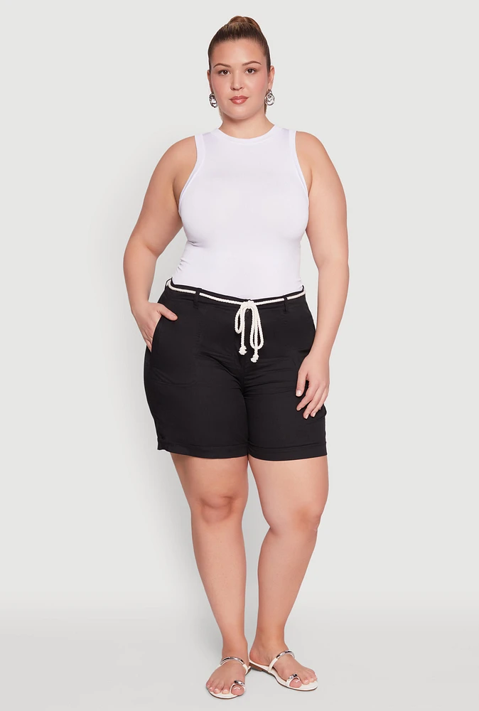 Womens Plus Rope Belted Shorts,
