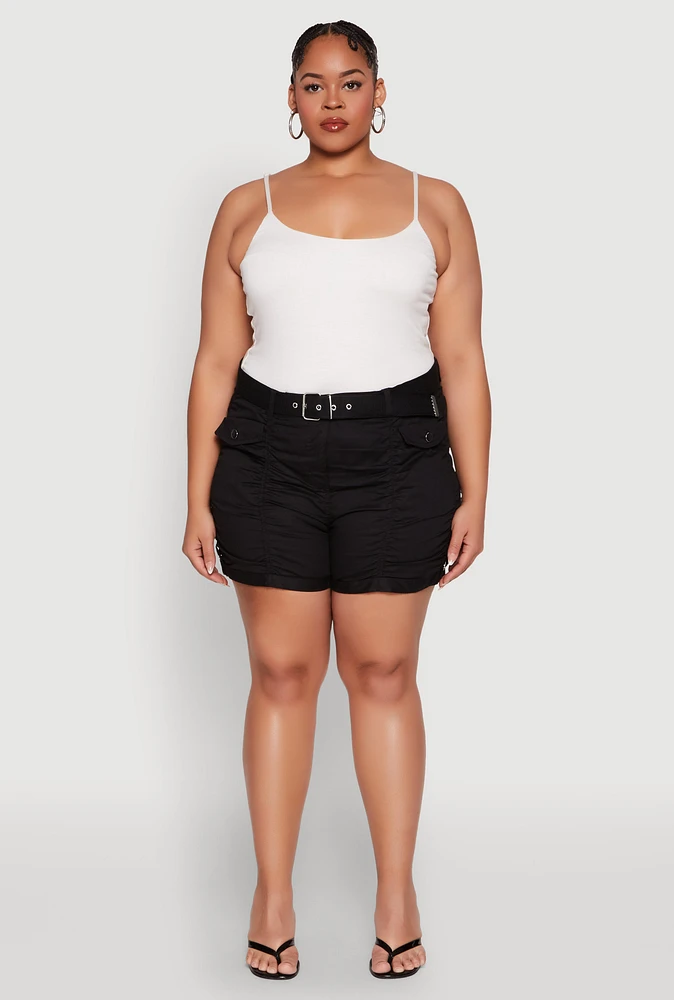 Womens Plus Size Ruched Belted Shorts, Black, Size 2X